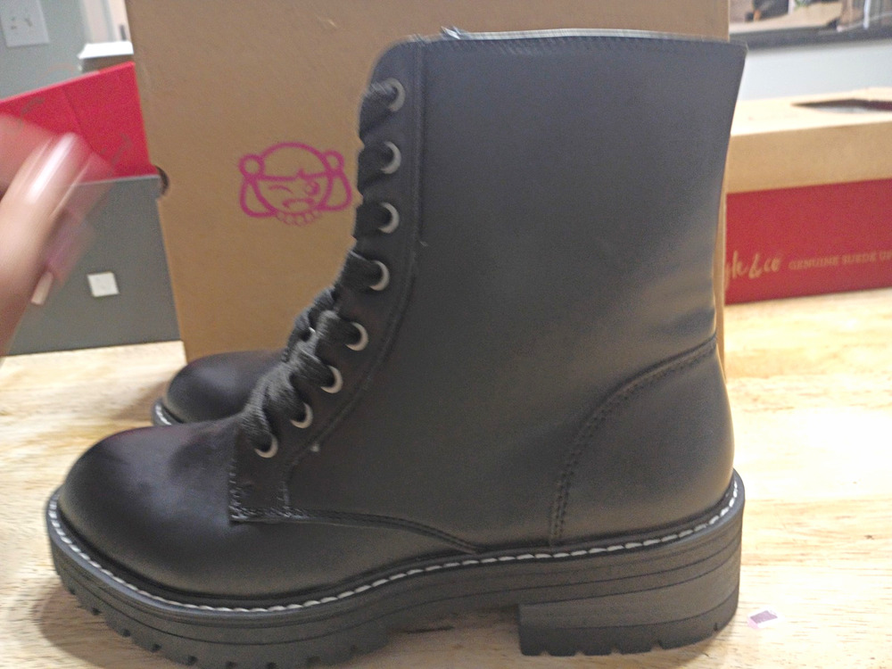 Sugar SGR-KAEDY Women’s Black Combat Ankle Boots Lace Up Zip Round Toe 8M